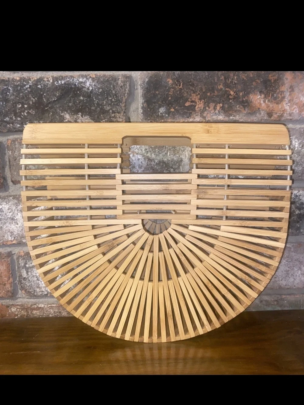 Half-Moon Bamboo Ark Bag Handle Natural Straw Wood Color Vacation Vibe Tropical